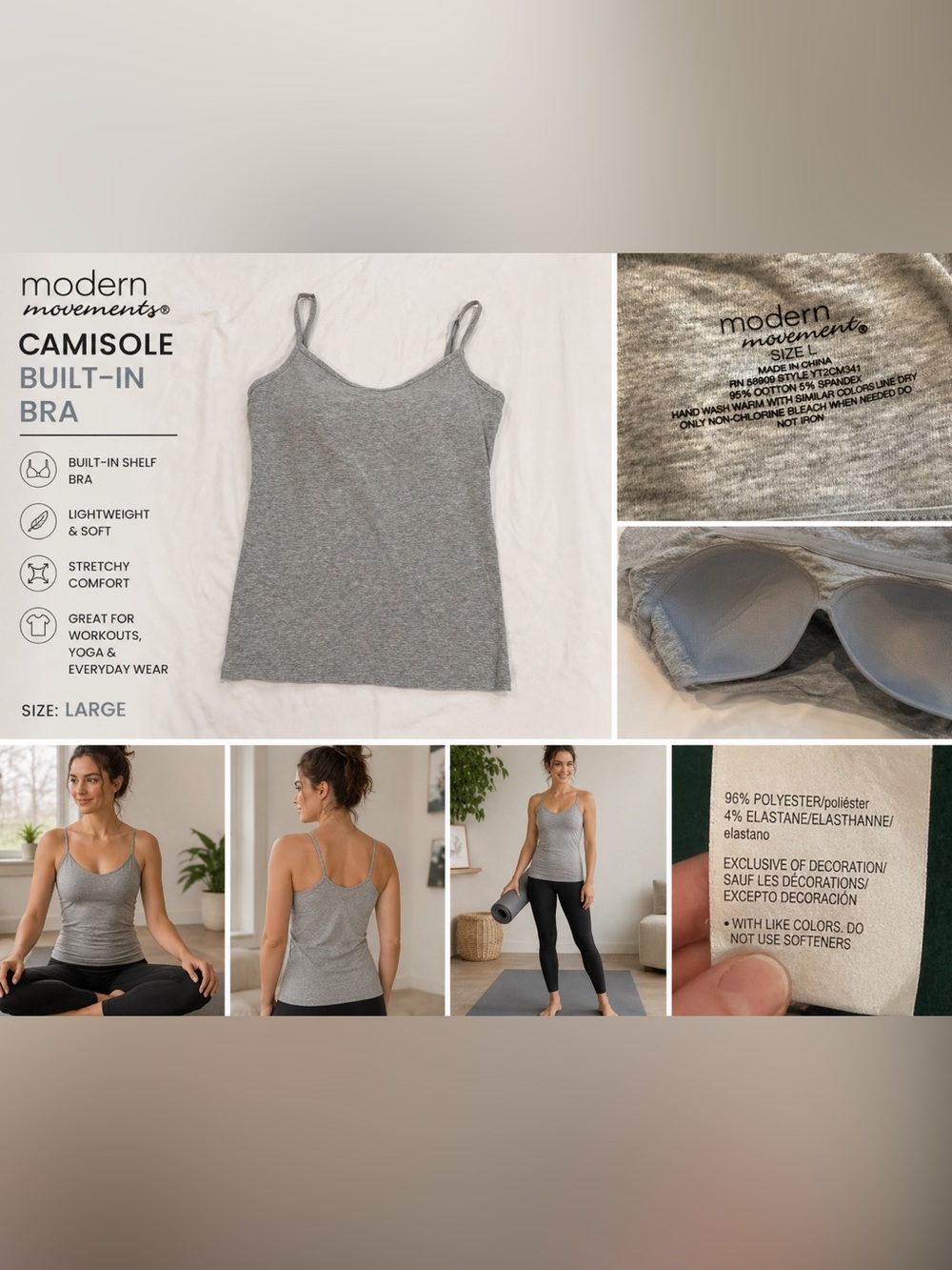 Modern Movement Gray Built-In Bra Camisole Tank Size Large Soft Stretch Layering